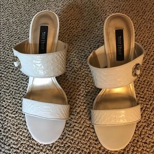 White double strap heeled slide sandal